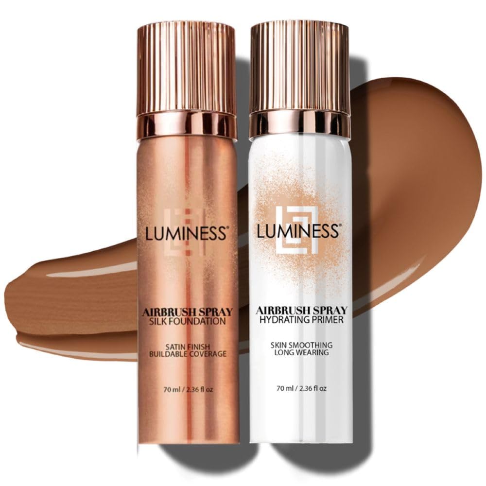 LUMINESS Silk Airbrush Spray Foundation & Primer Kit - Full Coverage Foundation, Anti-Aging Formula Hydrates & Moisturizes with Hyaluronic Acid, Aloe Vera & Hydrolyzed Silk (Shade - Tan Dark)