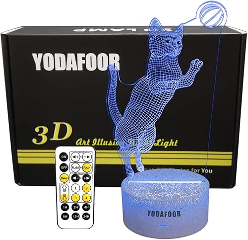 YODAFOOR Lámpara de luz nocturna de gato con ilusión 3D para habitación de niños, regalos de juguete de gato de cumpleaños de Navidad para niños y