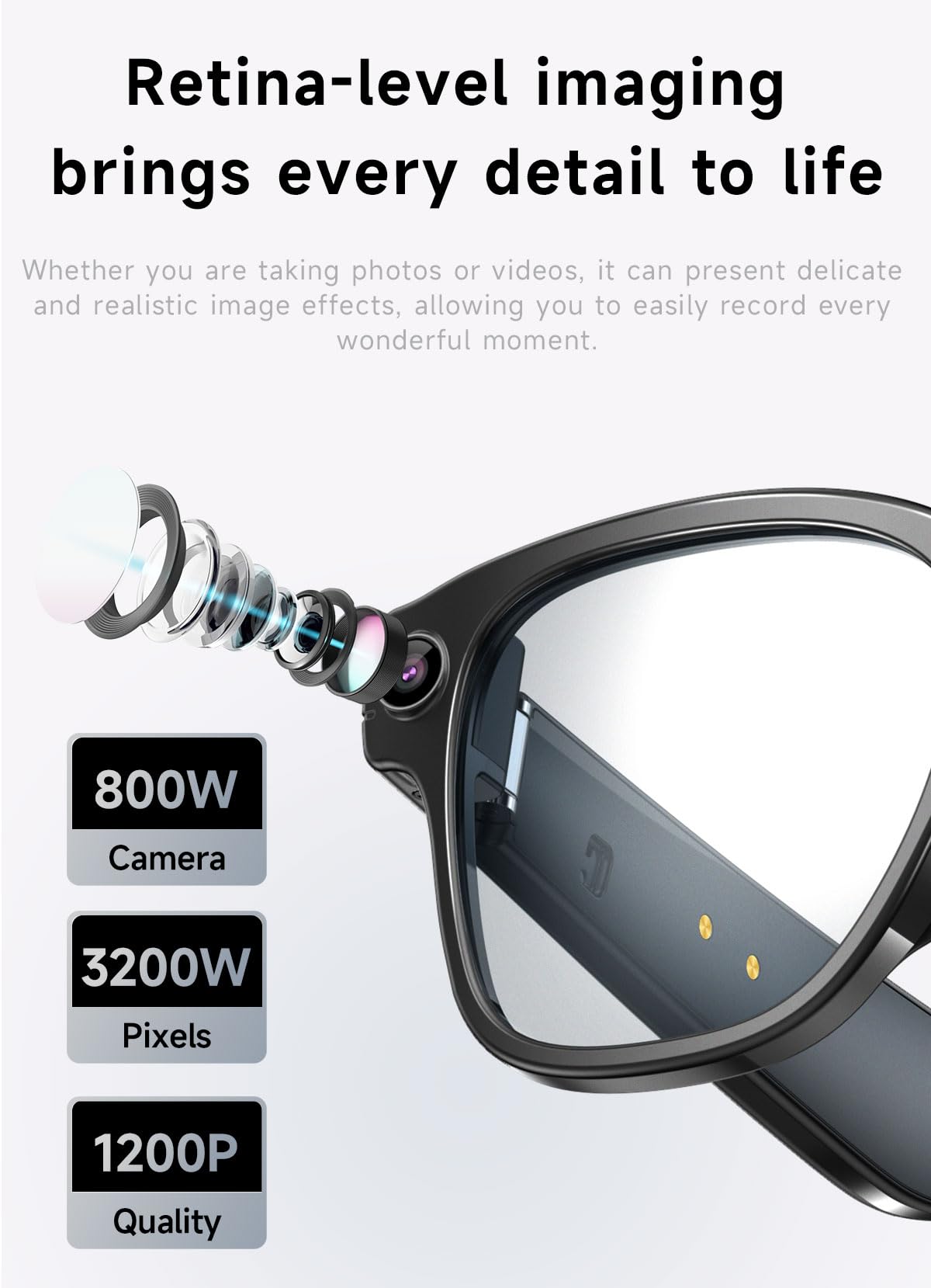 Lunettes Intelligentes AI avec Caméra 8MP, Lunette Camera Bluetooth Homme, Traduction IA Temps Réel, Audio Open-Ear, Lentilles Automatiques, Protection UV, Vidéo HD 1200P