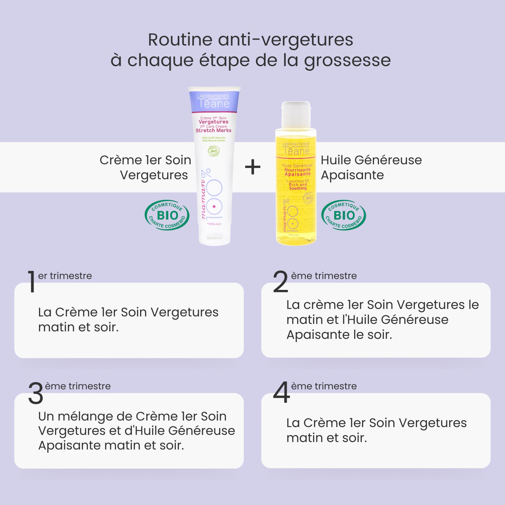 Programa de Prevención Vergeturas: una crema de primer cuidado con propiedades orgánicas y un aceite general calmante certificado orgánico. Evita las estrías durante el embarazo. Laboratorios Teana