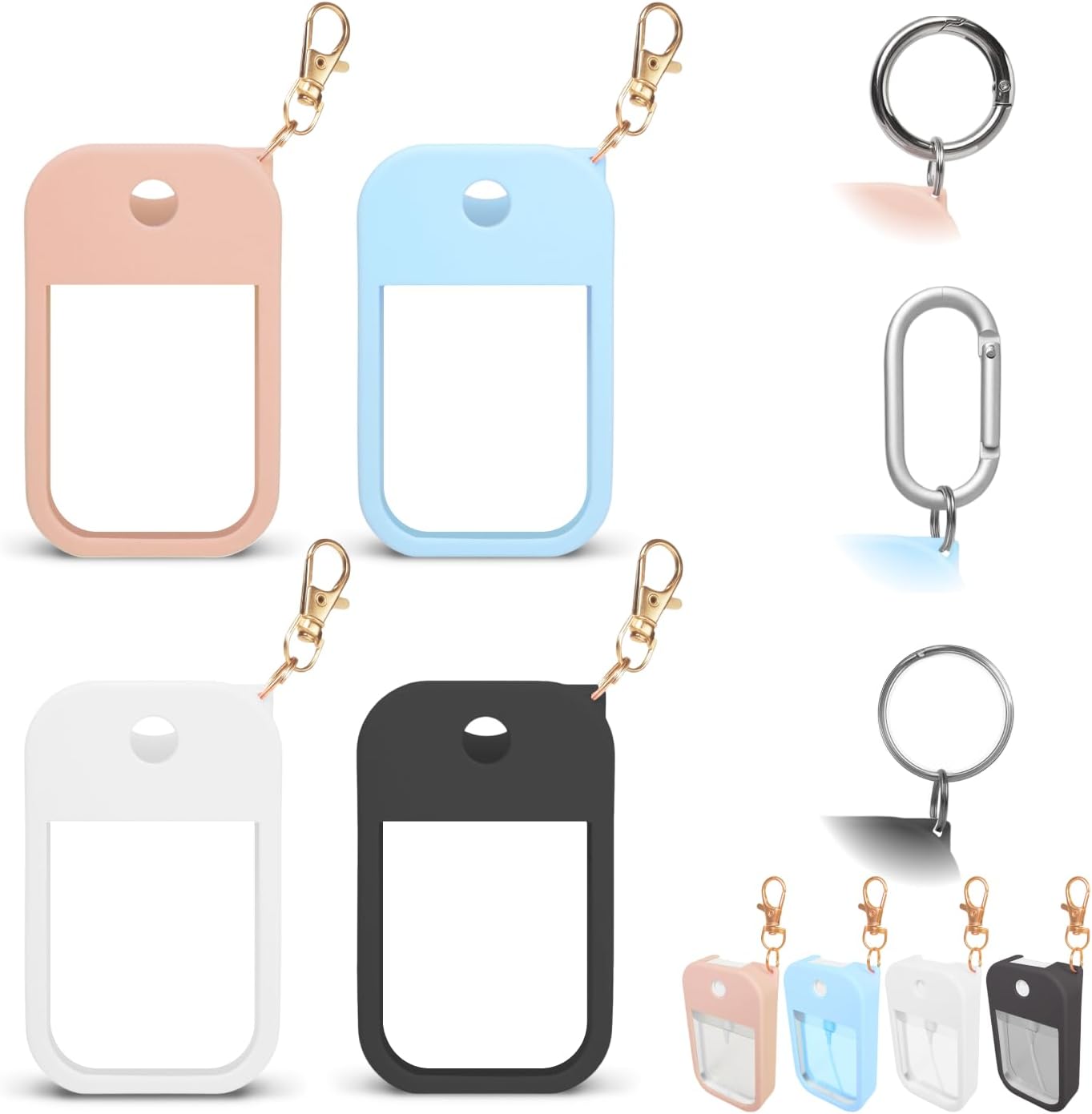4 PCS Soft Silicone Case for Touchland Power Mist (1FL. OZ./30 mL), Protective and Stylish Case with Keychain Compatible with Touchland Hand Sanitizer Spray (Black/White/Nude/Blue)