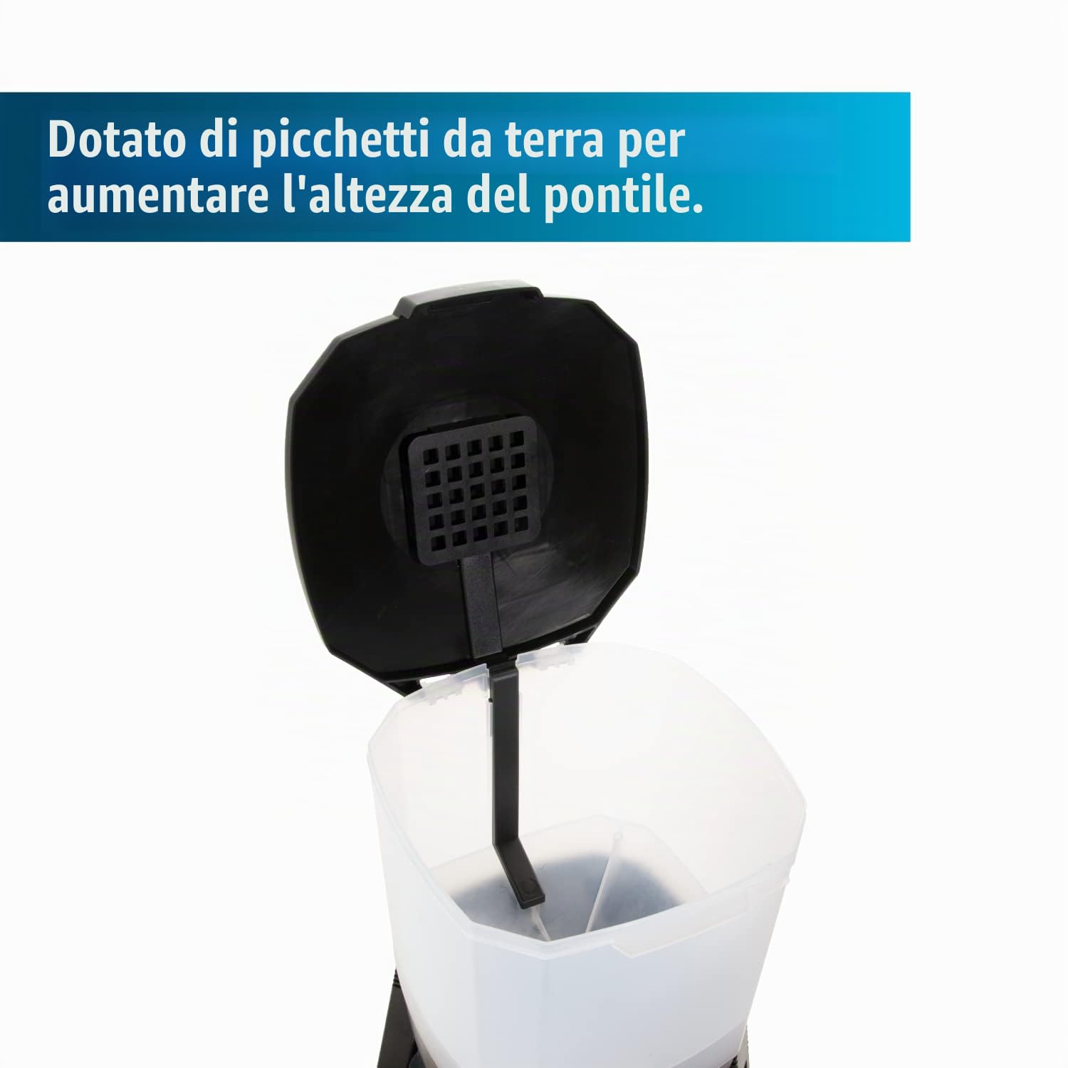 AquaForte Fishfeeder 6 litri di energia solare, 1-6 alimentazioni/giorno, tempo di alimentazione fino a 20 sec, dimensione pellet 3-10 mm, campo di espulsione ± 1, 2 o 3 m, angolo di distribuzione: