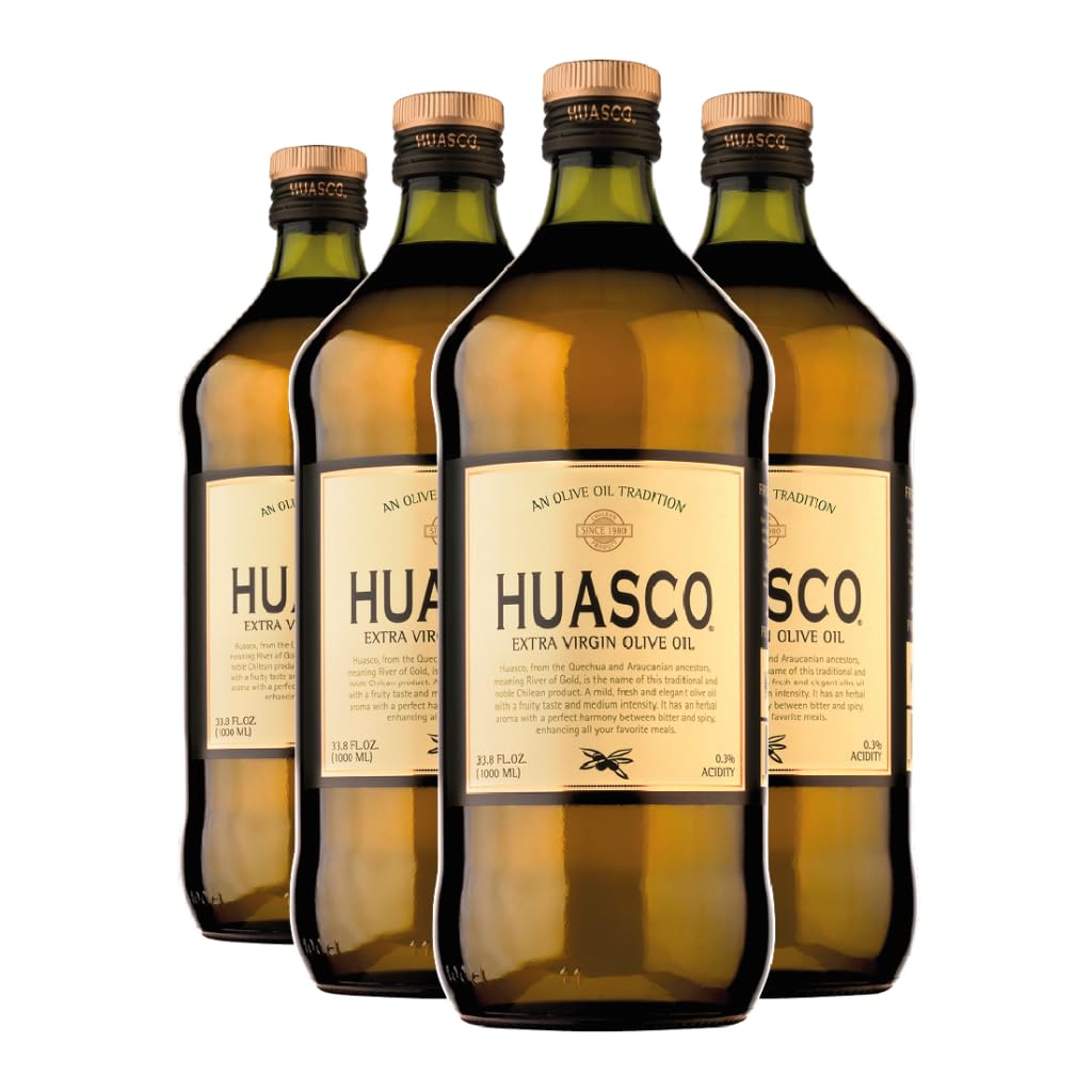Extra Virgin Olive Oil by HUASCO |First Cold Press - From Chile, 33.8 Fl Oz (1000 Ml) - 4 pack