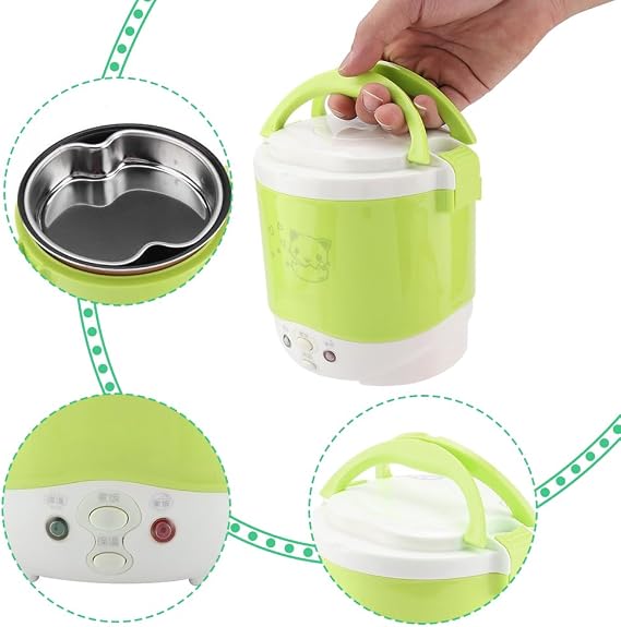 1L Mini Rice Cooker 12V Electric Lunch Box - Portable Travel Multifunctional Food Steamer for Car, Camping (Green)