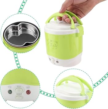 1L Mini Rice Cooker 12V Electric Lunch Box - Portable Travel Multifunctional Food Steamer for Car, Camping (Green)