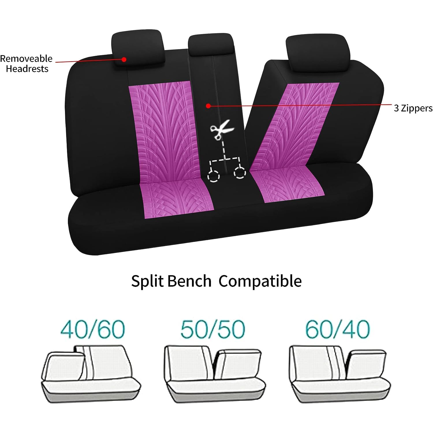 VarCozy Autositzbezüge, komplettes Set, Vordersitze und Geteilte Rückbank für Auto, Universal-Tuch, SUV, Limousine, Van, Auto-Innenbezüge, Airbag-kompatibel, Schwarz und Lila