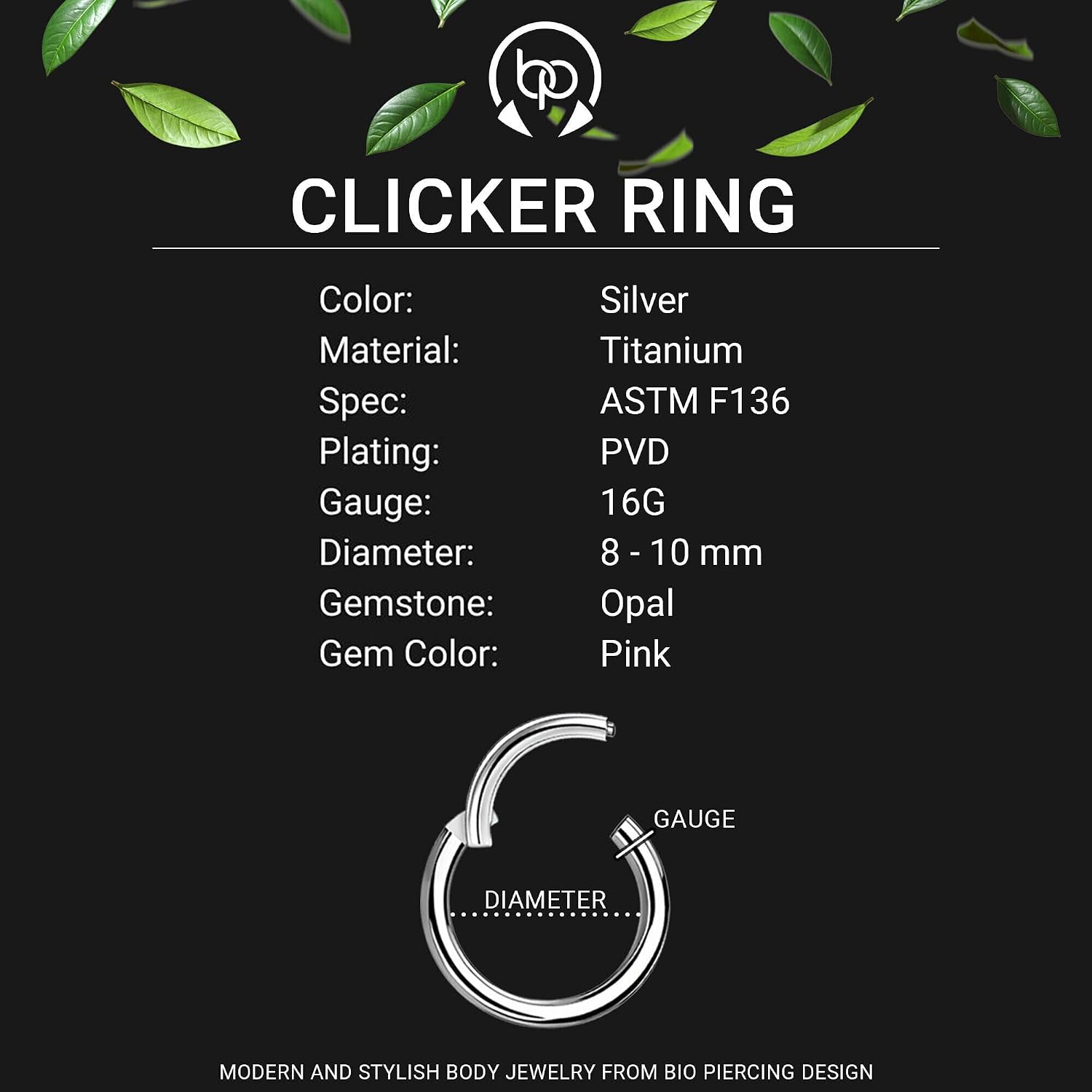 Titanium Clicker Ring in Classic Style with Opal, Tragus Huggie Nose Hoop Ear Piercing Earlobe Jewelry