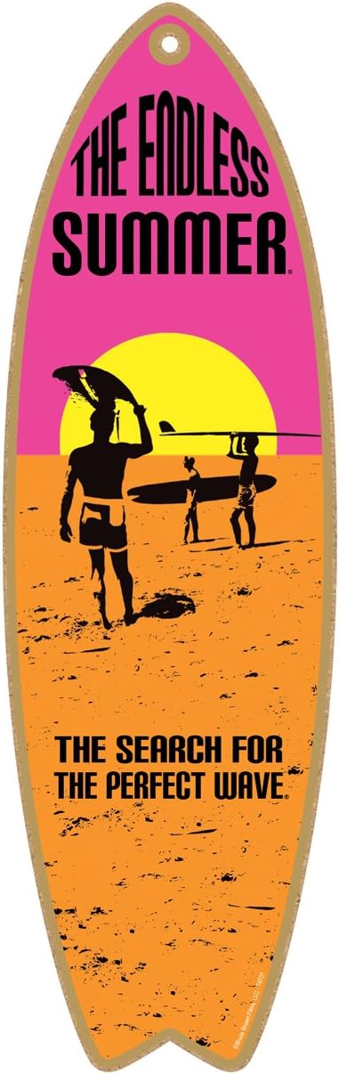 (SJT74701) The Endless Summer - The search for the perfect wave (pink, yellow, orange) 5" x 16" Surfboard Wood Plaque Sign by SJT.