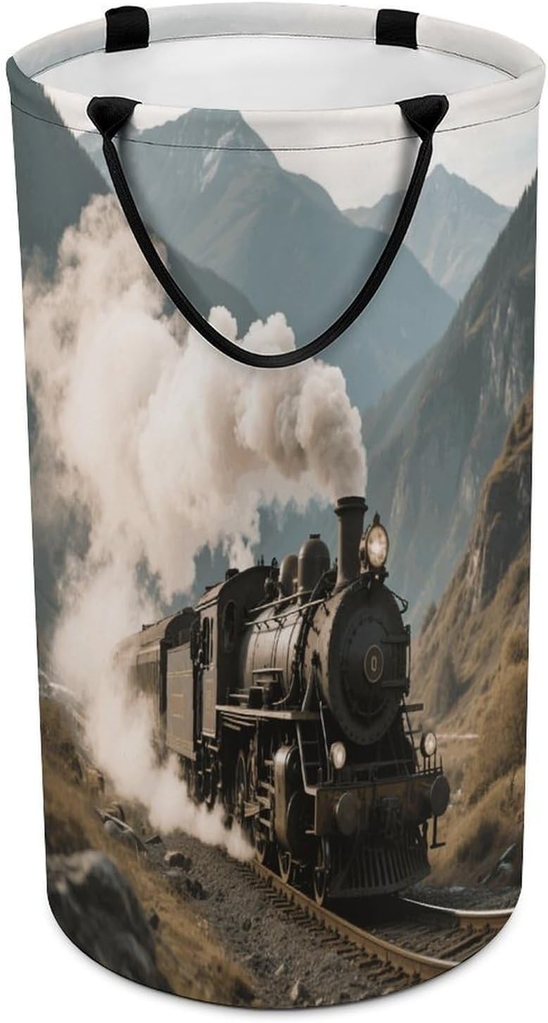 Steam Train in Mountains Dirty Clothes Basket Large Capacity Laundry Basket Freestanding Laundrys Hampers Collapsible Clothes Hamper Tall Laundry Bin for Laundry Room Dorm