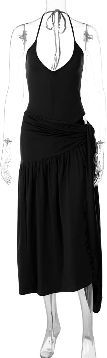 Womens Summer 2 Piece Maxi Skirt Sets Sexy Halter V Neck Backless Thong Bodysuits Wrap Beach Cover Ups Vacation Outfits - Image 8