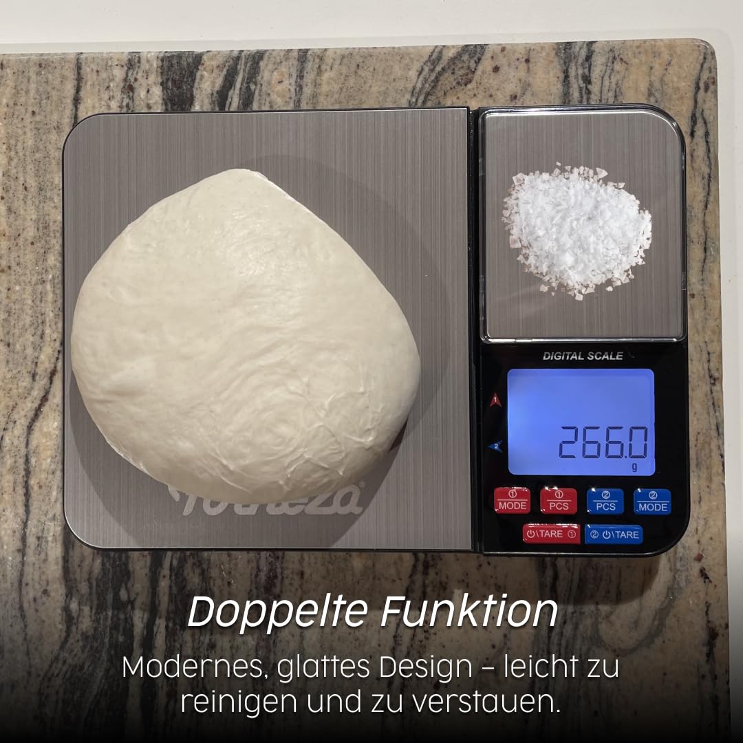 Digitale Lebensmittel-Waage mit Zwei Plattformen I Küchen Feinwaage mit 7 Einheiten, Tara, PCS, Auto-Off, für Küche, Schmuck, Backen, Kochen