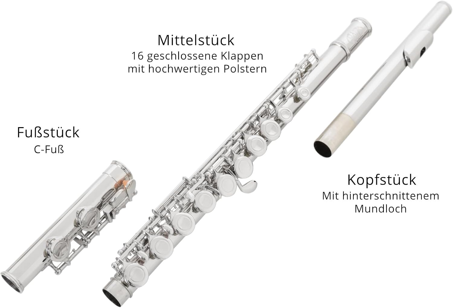Classic Cantabile FL-100 flet poprzeczny Świetny instrument dla początkujących w całości z mosiądzu wysokoniklowego posrebrzanego zamknięte klapy e-mechanika przesunięte G strojenie C w