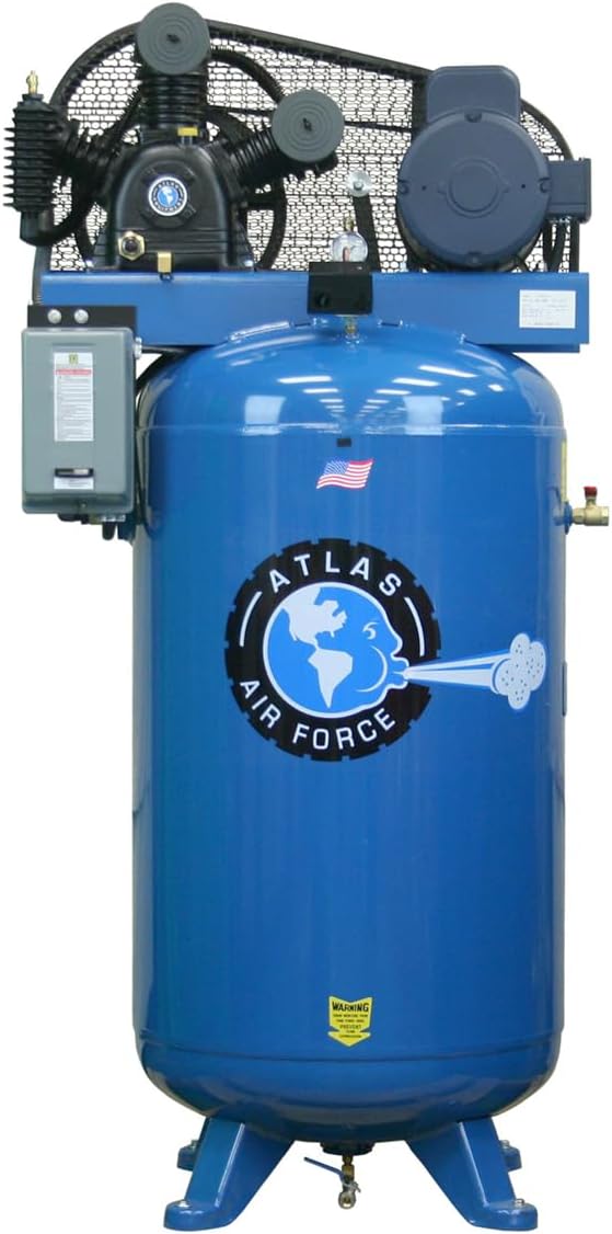 Atlas Automotive Equipment AF7 Vertical 80 Gallon Air Compressor with Mag Starter, 3 Cylinder, 2-Stage Pump, 5hp Running Motor, 90-175 PSI, 220V Single Phase, 1/2" NPT Air Outlet, Made in USA