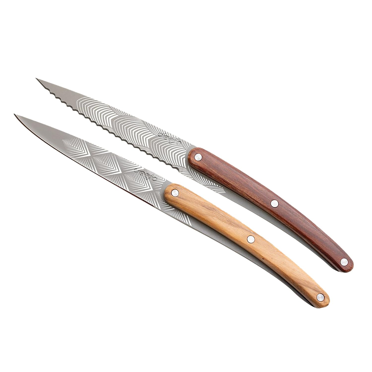 deejo - Lot de 2 Couteaux d’Office - Manches en Bois d’Olivier et Corail, Motif Art Déco - Lames Fixes en Acier Inoxydable 2CR14, Finition Titane Gris Anthracite