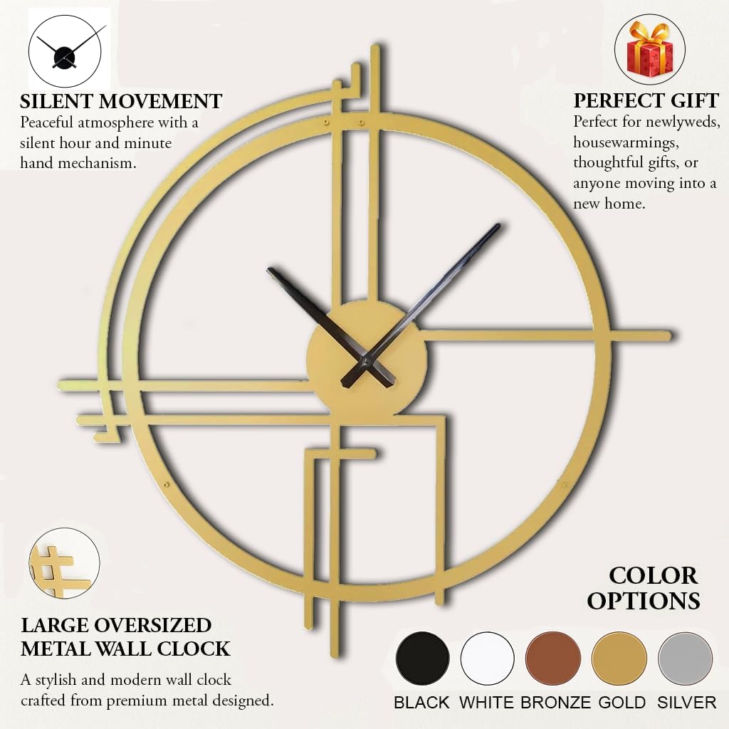 Metal Wall Clock – Stylish Industrial & Modern Design, 35-100 cm (13.8"-39.4") – Premium Quality Steel, Available in Black, Silver & Gold, Easy Wall Mount, (Gold, 35cm - 14 Inches)