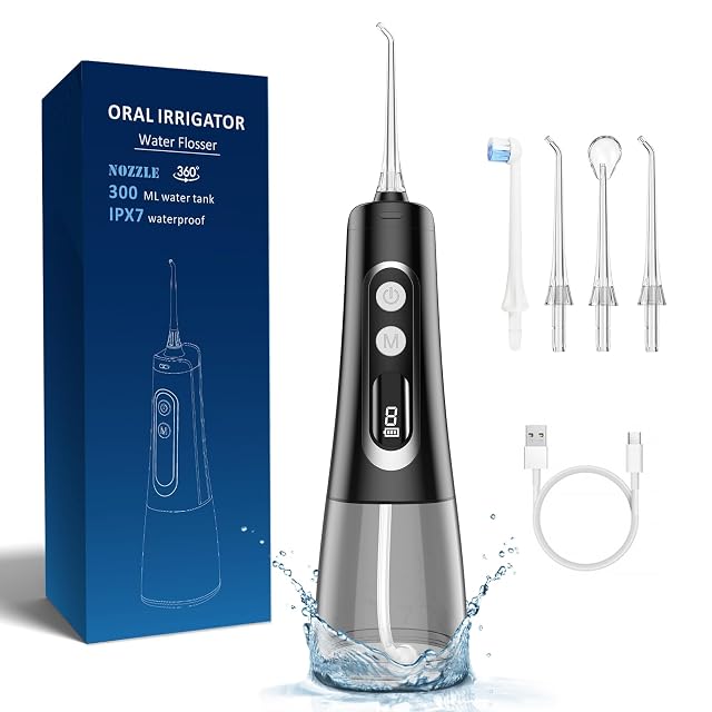 Generic Water Flosser Portable Oral Irrigator Rechargeable Braces Cleaning Cordless Teeth Cleaner Tool Kit Waterproof Ipx7 Black