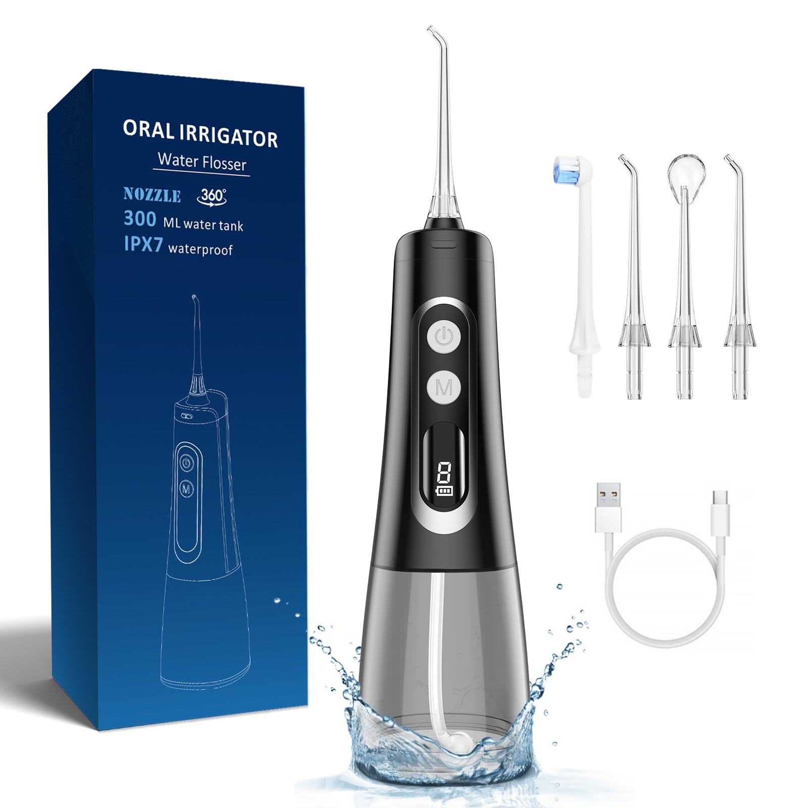 Generic Water Flosser Portable Oral Irrigator Rechargeable Braces Cleaning Cordless Teeth Cleaner Tool Kit Waterproof Ipx7 Black