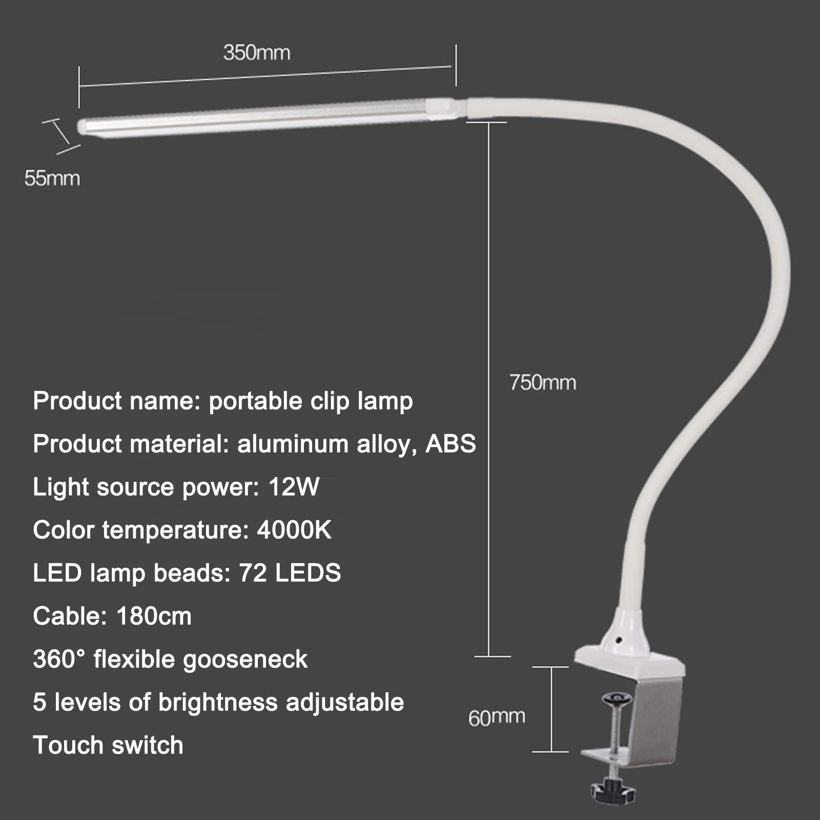QJUZO Lampa zaciskowa LED, 12 W, lampka zaciskowa do łóżka, dotykowa 5 jasności, możliwość ściemniania, 360°, elastyczna biała lampa typu łabędzia szyja, 4000 K, lampka do czytania, biura, książki,