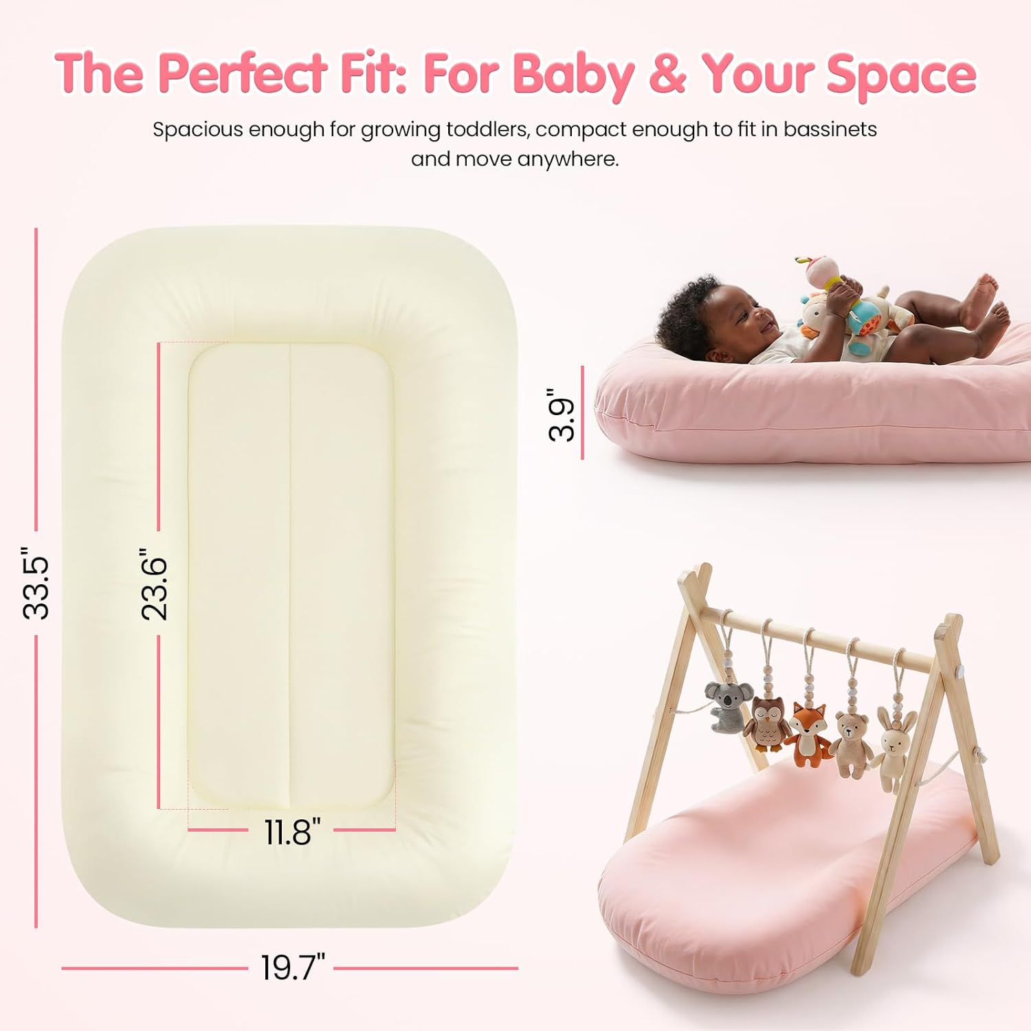 Infant Support Cushion, Baby Lounger 0-24 Months – Portable Tummy Time Mat & Rest Pod, Soft Cotton, Waterproof, Machine Washable, Safe for Supervised Play, Back Support (Pink)