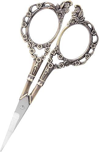 Tijeras de acero inoxidable bordado de costura con patrón de flores vintage para manualidades de costura (bronce)