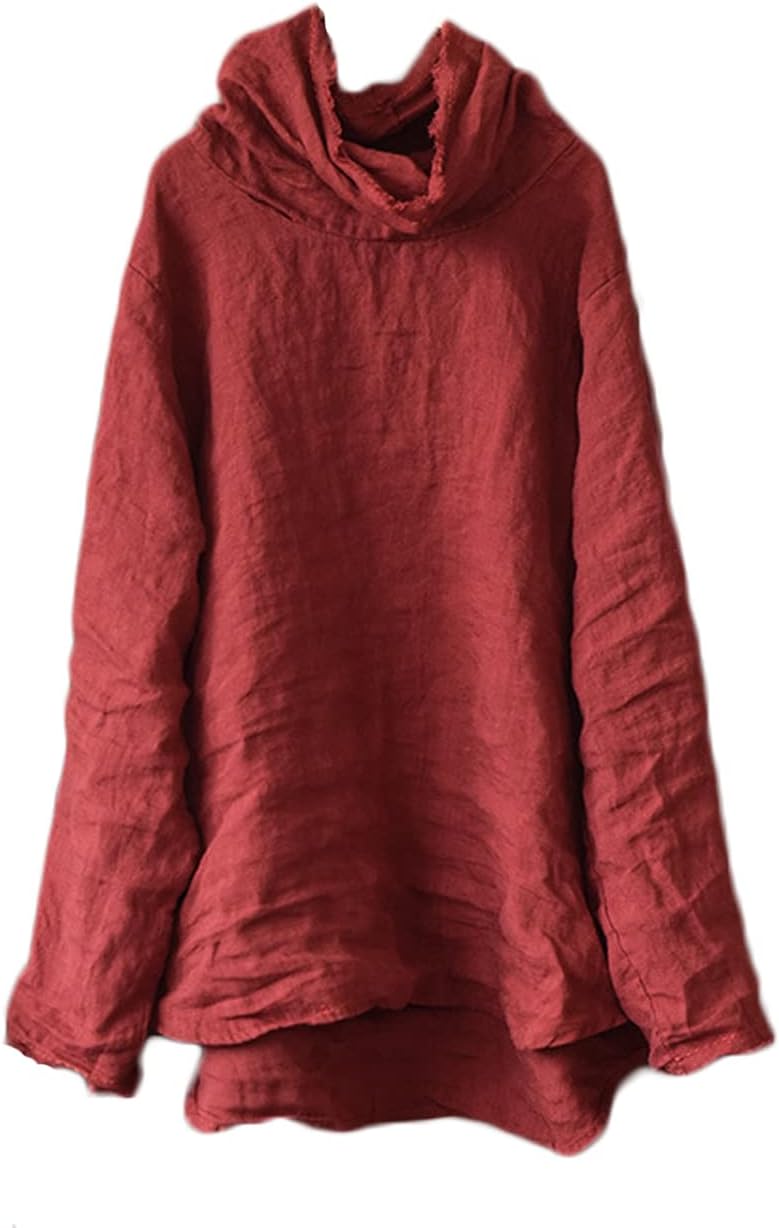 NFYM Womens Long Sleeve Linen Peasant Tops High Low Mock Turtleneck Handmade Stitch Casual Loose Shirts
