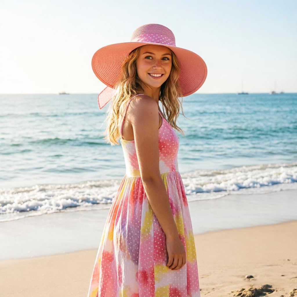 DRESHOW Beach Hats for Women Big Straw Wide Brim Summer Hat Floppy Foldable Roll up Cap Sun Hat UPF 50+