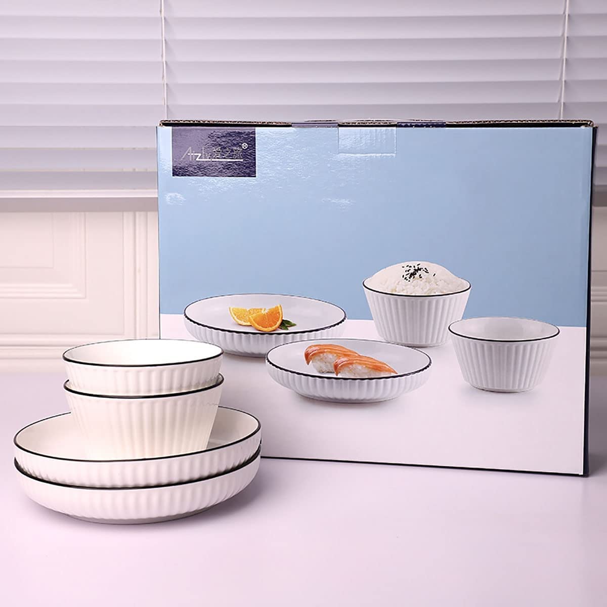 Porcelain Striped 4-Piece Plates And Bowls Sets,Round Shape With Black Line&Vertical Pattern,Large Bowl For Ice Cream&Soup,And Deep Dish For Snack,Cake,Pasta (2 Bowl + 2 Dish,Dinner Set)