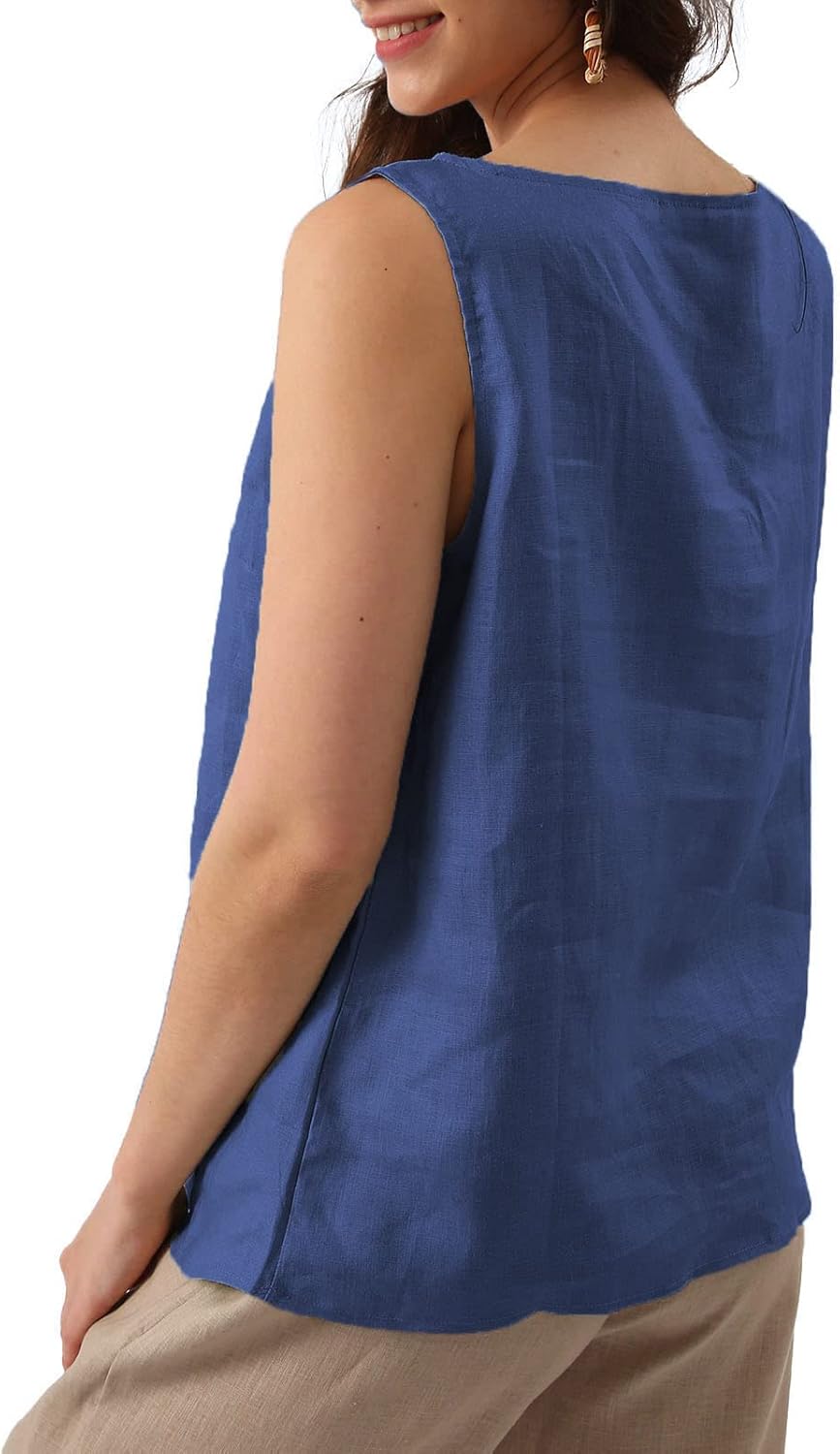 Amazhiyu Natural Linen Sleeveless Tank Tops Basic Summer Casual Crewneck Blouse - Image 2