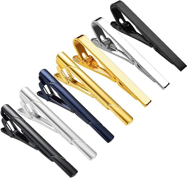 SACONELL 7 Piece Skinny Tie Clips for Men, Premium Business Men's Tie Bar Clips, Necktie Bar Pinch Clips in 2 Styles 4 Tone, Best Gift for Your Lover, Father and Friends