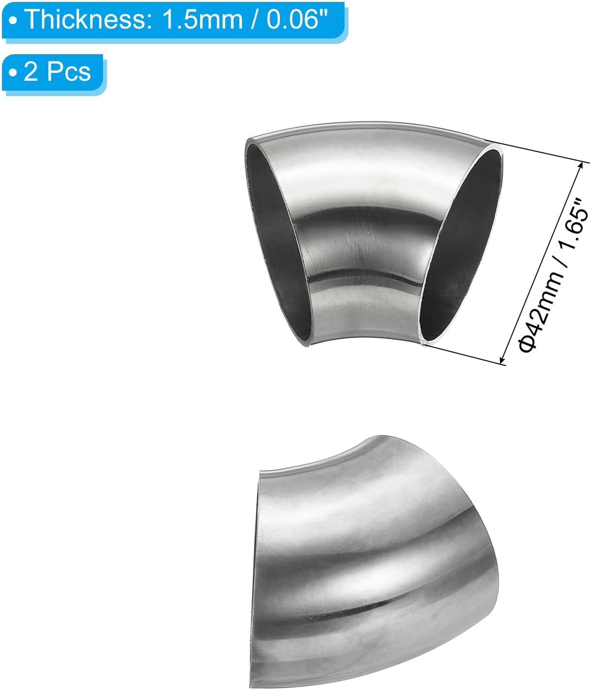 PATIKIL 2pcs 45 Degree Mandrel Bend Elbow, 42mm OD Steel Exhaust Elbow Exhaust Piping Connector 304 Stainless Steel for Exhaust Pipe Stair Handrail HVAC