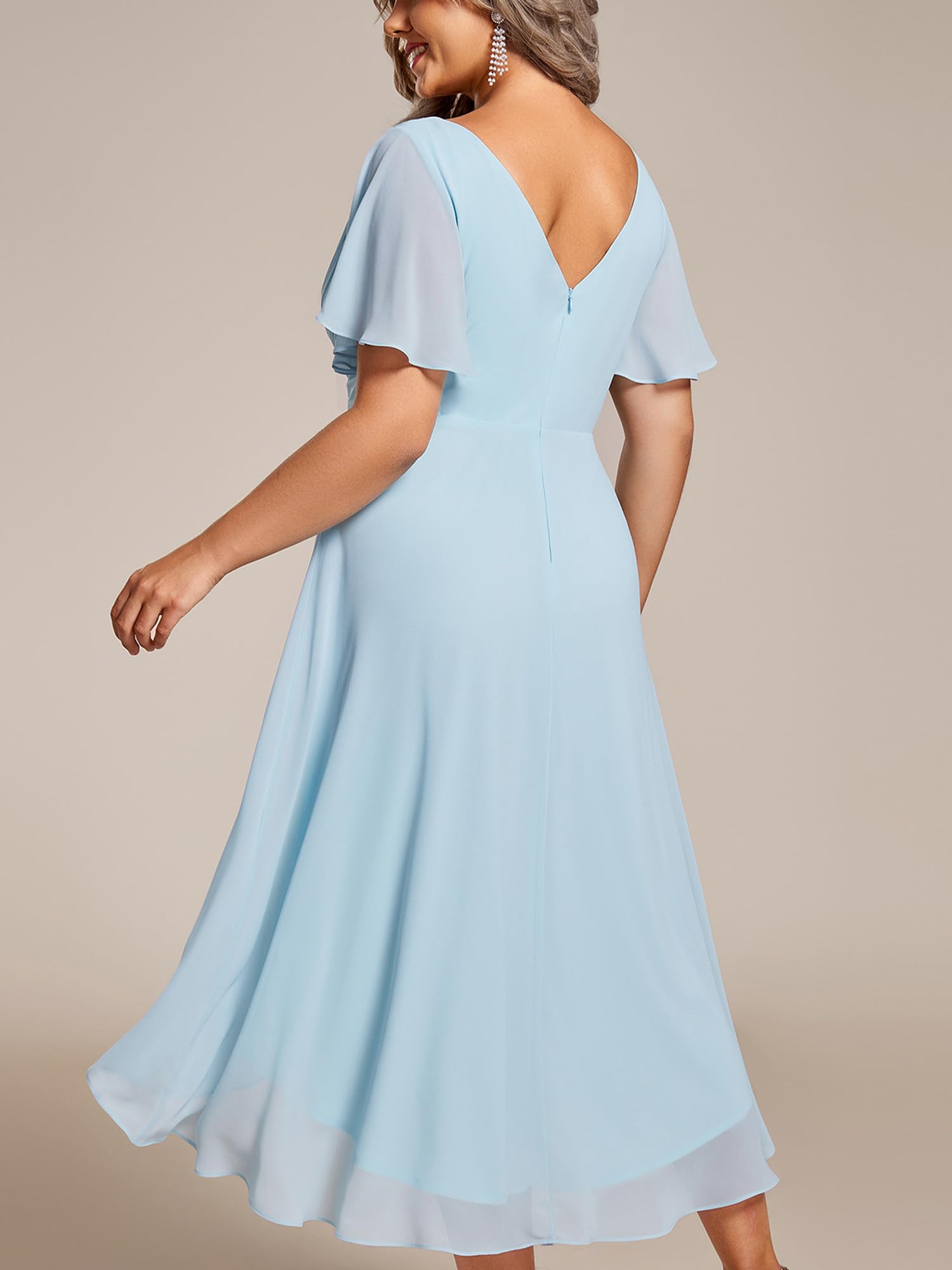 Ever-Pretty Donna Una Linea Increspato Scollo A V Maniche Corte Al Ginocchio Plus Size Wedding Guest Dress 01923-DA, Cielo blu, 50