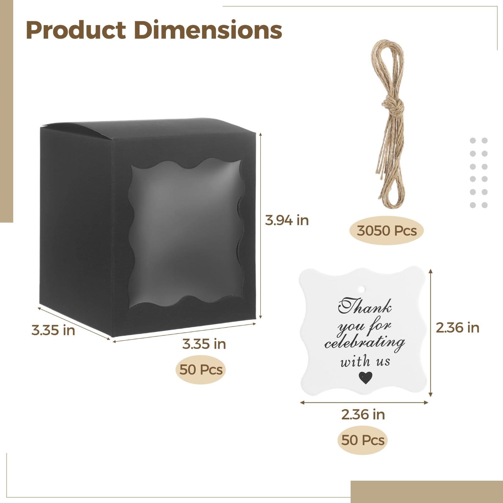 50 Set Kerzen-Geschenkboxen mit transparentem Fenster, Dankeschön-Tags und Bindfaden, Papier-Geschenkverpackungsboxen für Hochzeiten, Partys und Brautpartys, Schwarz