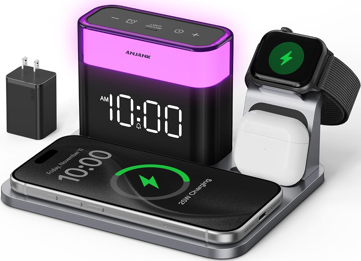 ANJANK GlowDock 5-in-1 Wireless Charging Station with Alarm Clock,Qi2.2 25W Magnetic Charger Stand, Aluminum Silent Cooling,8 Nightlight,for iPhone 18 17 16 15 Pro Max Duo Air Plus,Apple Watch,AirPods