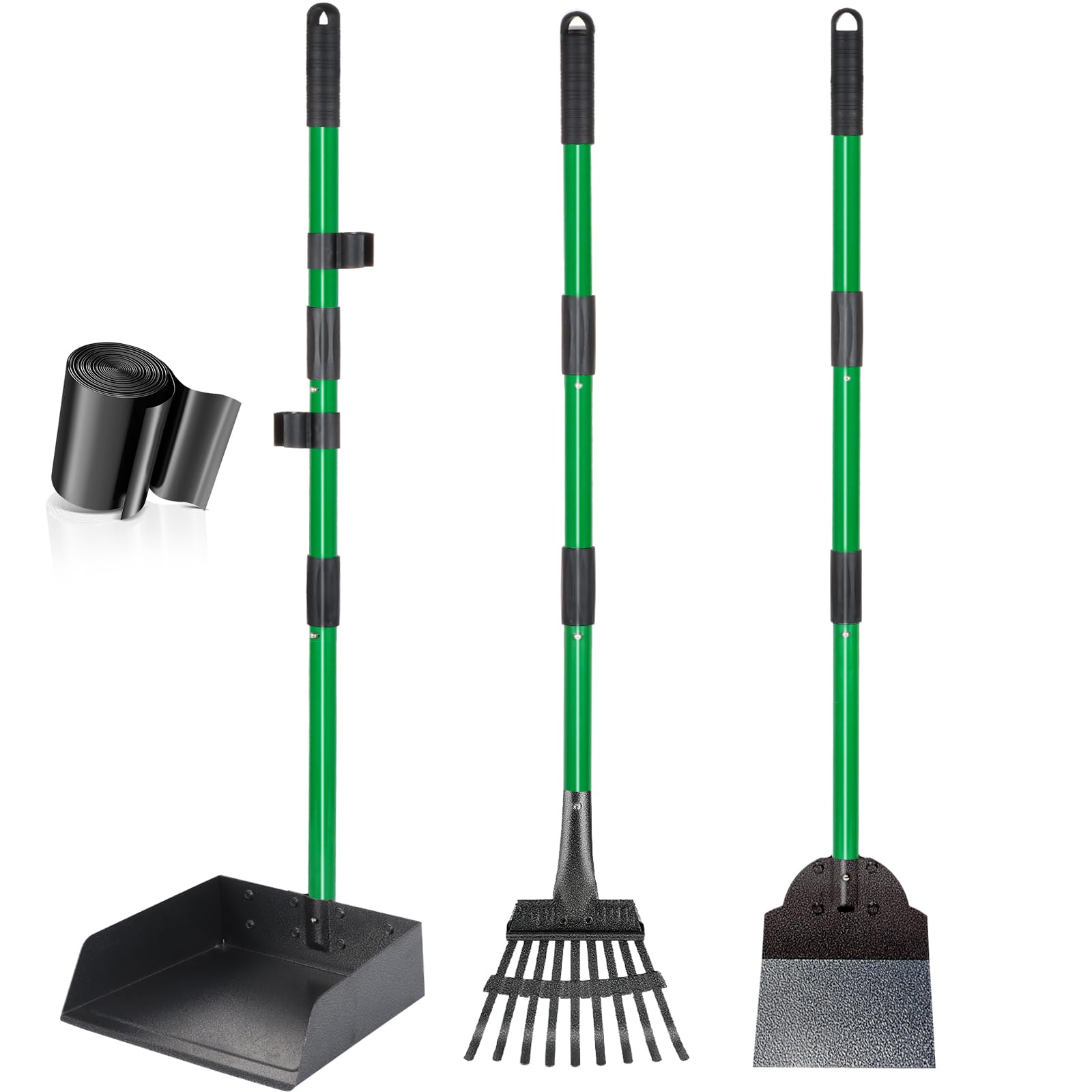 Dog Pooper Scooper Tray Shovel & Rake Kit, Heavy Duty Dog Poop Scooper with Adjustable Metal Long Handle, Portable Large Dog Poop Picker Upper with 10 Waste Bag for Yard, Walks, Grass & Garden Leaves