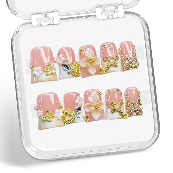 Handmade Press on Nails Golden Rhinestone False Nails with 3D Gradient Flower Design French Tip Short Duck Acrylic Nail Flower Press on Nails Full Cover Stick on Nail for Women (Size M)