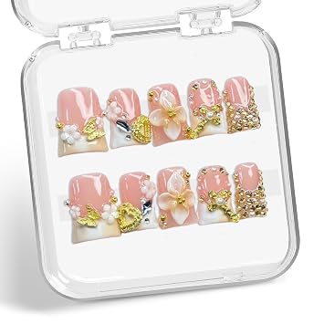 Handmade Press on Nails Golden Rhinestone False Nails with 3D Gradient Flower Design French Tip Short Duck Acrylic Nail Flower Press on Nails Full Cover Stick on Nail for Women (Size M)