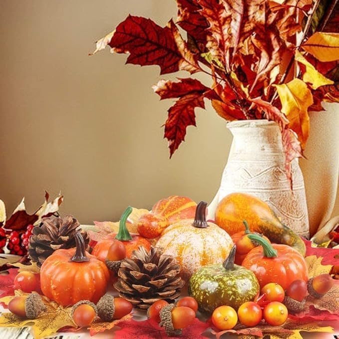 166 Pcs Thanksgiving Artificial Pumpkins Decorations Set with, Maple Leaf, Foam Pumpkin, Small Acorns, Pine Cones and Gourds for Autumn, Festival Halloween, Fall Harvest Home Table Decoration