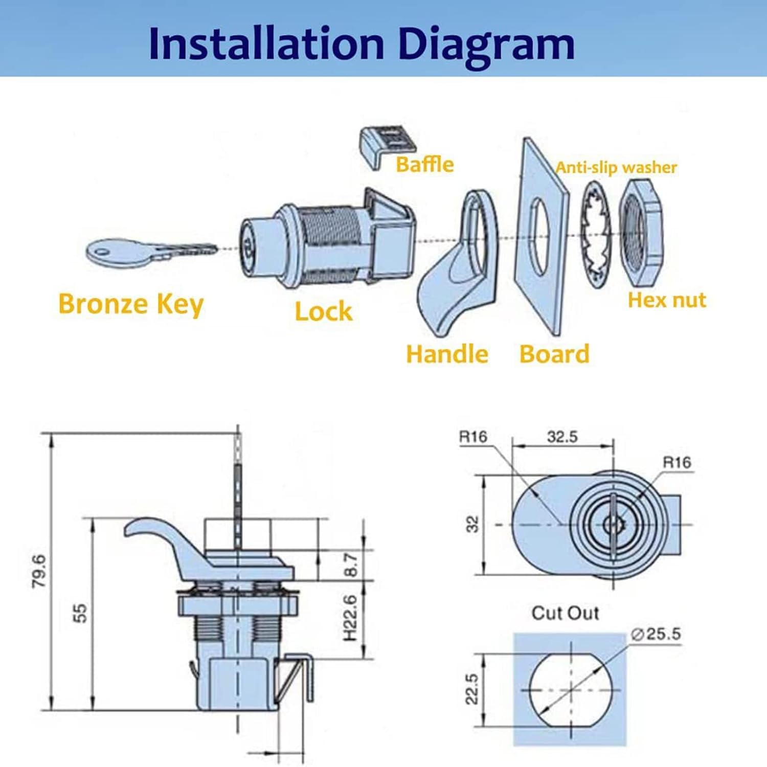 Push Button Latch with Key Craftsman Tool Box Lock Replacement Cabinet Door Lock for Marine Boat Toolbox, RV Camper Glovebox (10 Packs)