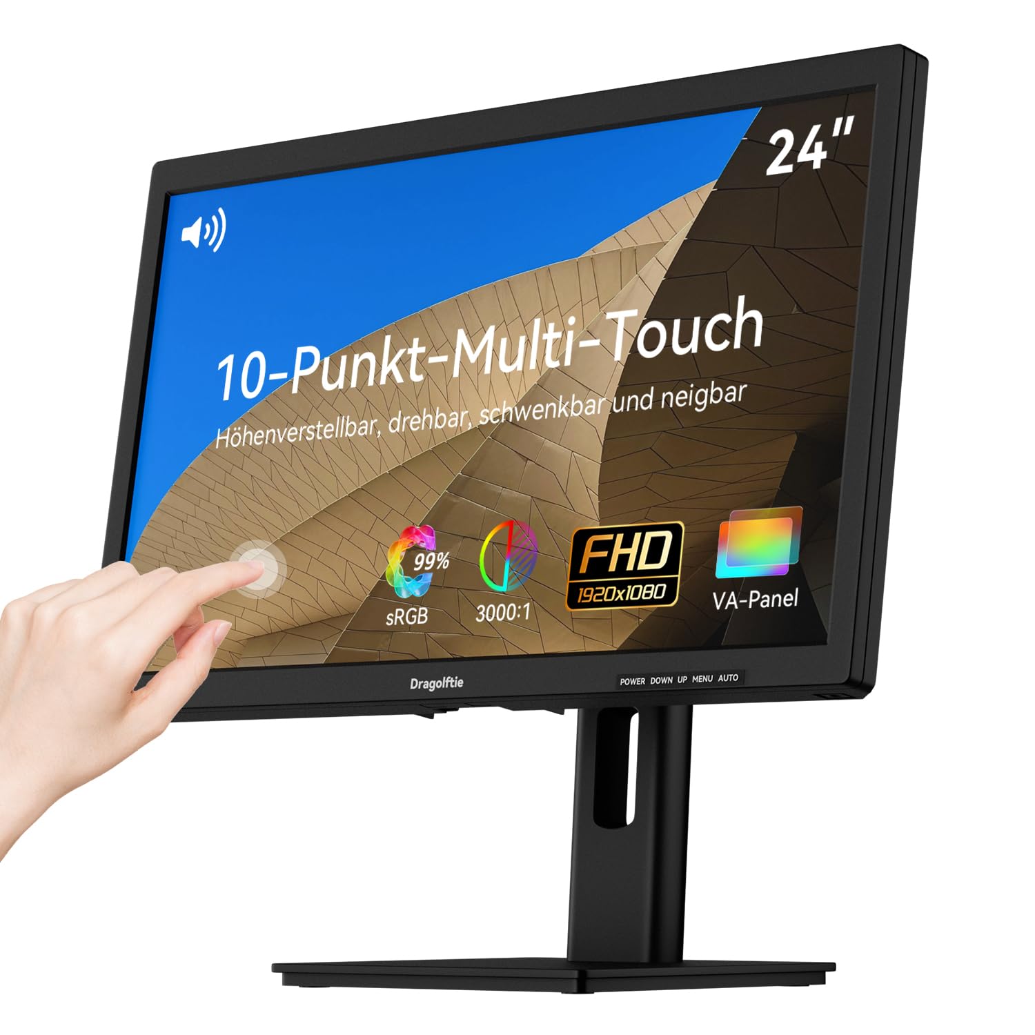 24 Zoll Touchscreen Monitor FHD 1920×1080P VA Panel, Kontrastverhältnis 3000:1, 99% sRGB, Höhe/Drehung/Schwenk/Neigung einstellbar, 75Hz PC Touch Bildschirm mit Lautsprecher, HDMI, VGA, Typ-B, VESA