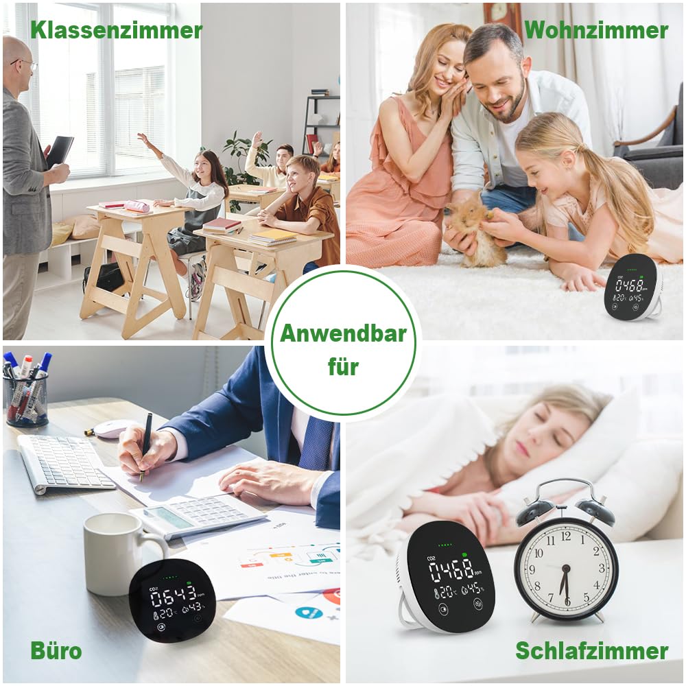 CO2 Meter Messgerät Raumluft, CO2 Melder Testsieger Mit Temperatur Und Feuchtigkeitstester, Kohlendioxid Melder Mit Helligkeit, Raumluftmessgerät Mit Tonalarm