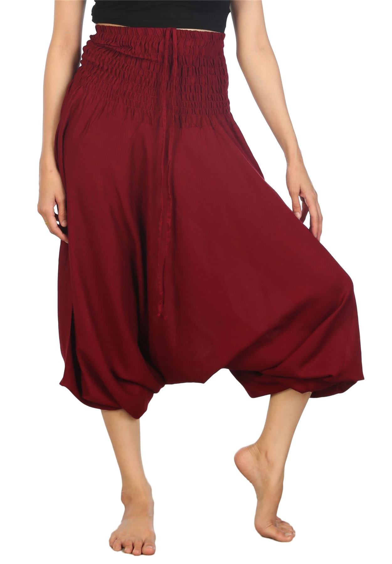 Lofbaz Women's Soild Burgundy Solid Smocked Waist 2 In 1 Harem Jumpsuit Pants Burgundy 3XL