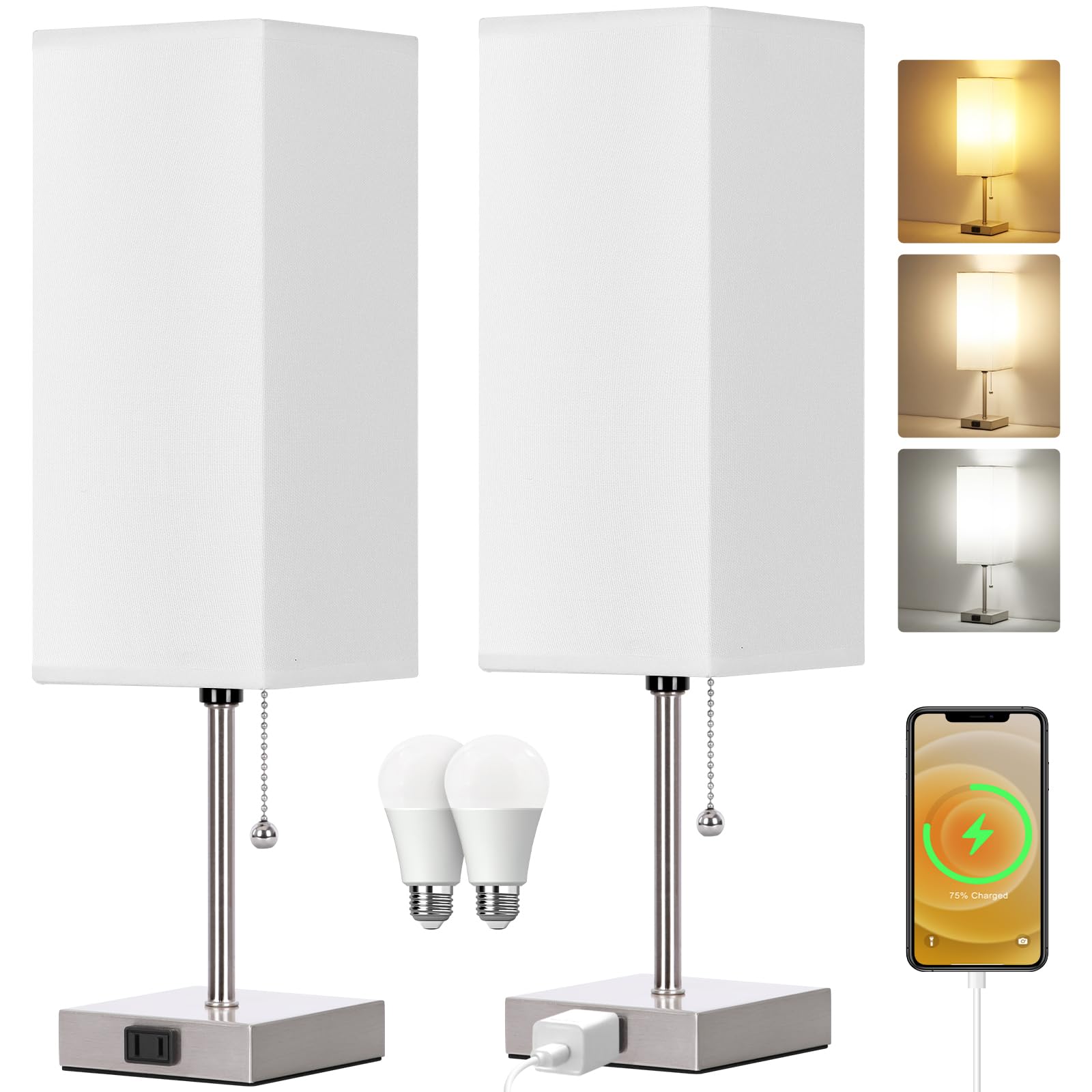 Bedside Table Lamp - 3 Color Modes & AC Outlet -12 Bedside Table Lamp - 3 Color Modes & AC Outlet -12