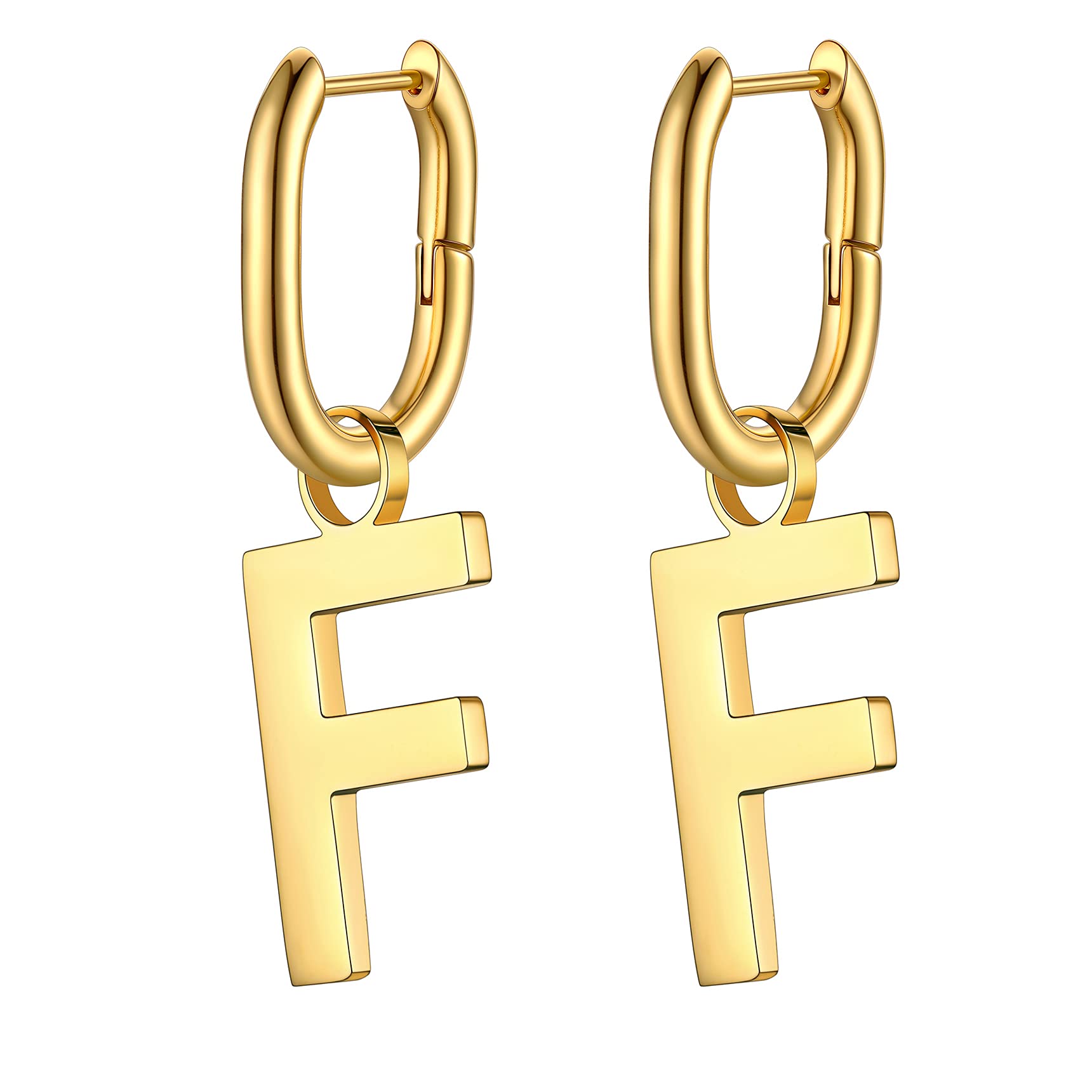 Bestyle Hypoallergenic Initial Dangle Earrings for Women, Chunky U-shape Huggie Hoops with 26 Letters, Stainless Steel in Silver/Gold/Black Tone, High Street Monogram Jewelry for Women