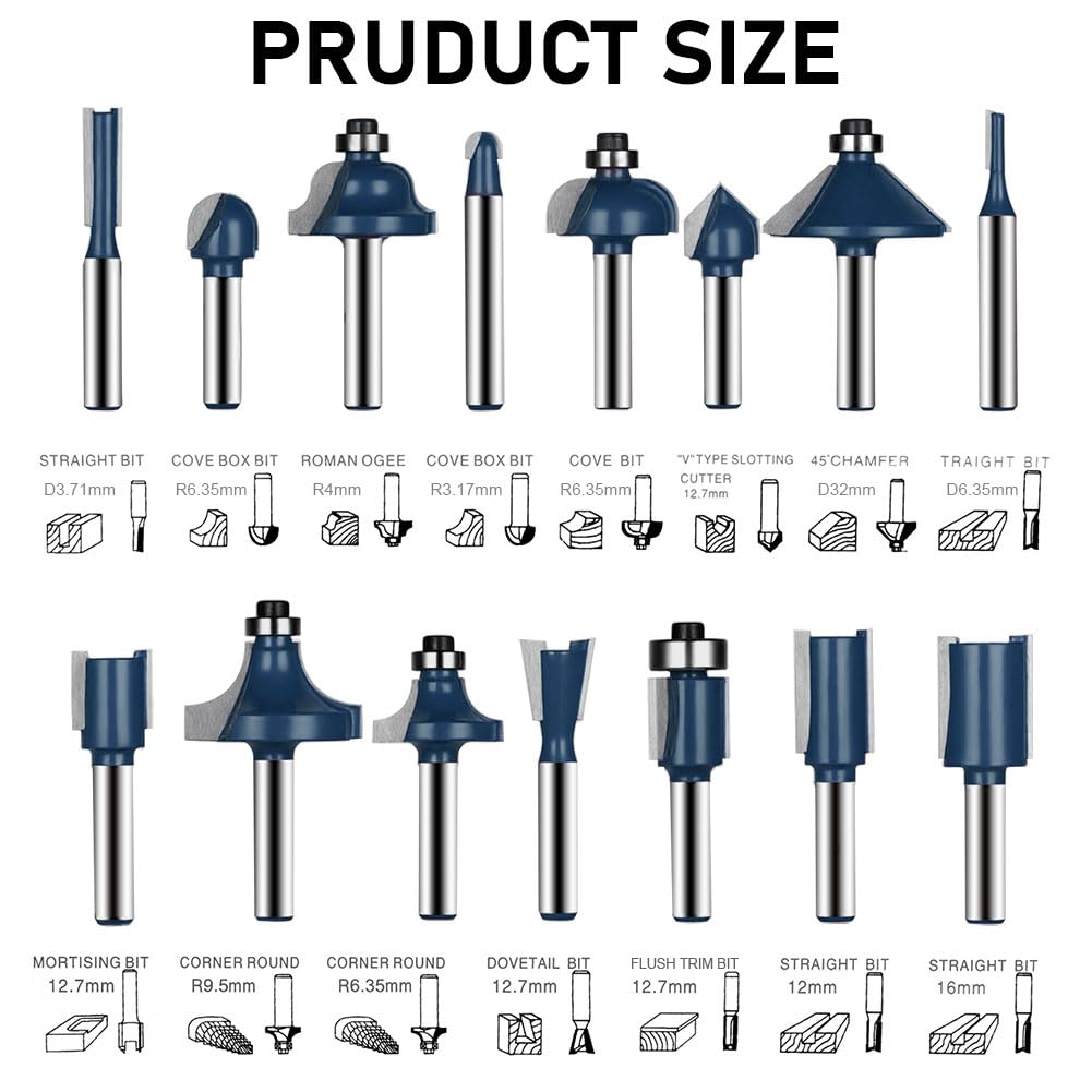 flintronic Fraises Defonceuse 6.35mm, Coffret de 15 Fraises Tige de 6.35mm 1/4", Coupe-outils pour Travail Bois à Pointe en Carbure de Tungstène, Tige Forets en Acier Forgé