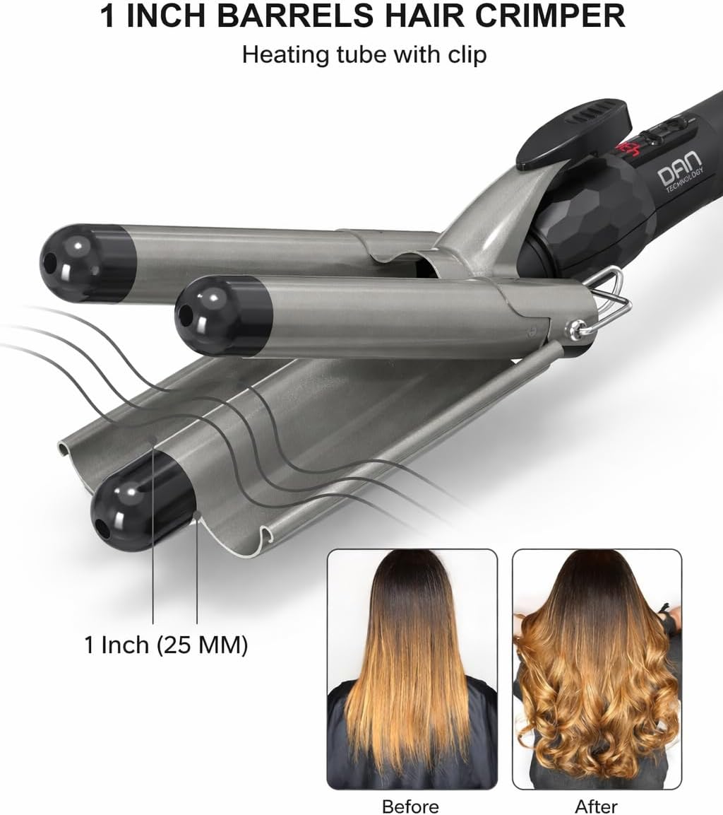 Hair Crimper 1 Inch with LED Display, 15 Heat Settings 180-430°F, Tourmaline Ceramic Triple Hair Waver for Beach Waves, Dual Voltage 110-240V, Auto Shut-Off, Glove Included, Gray
