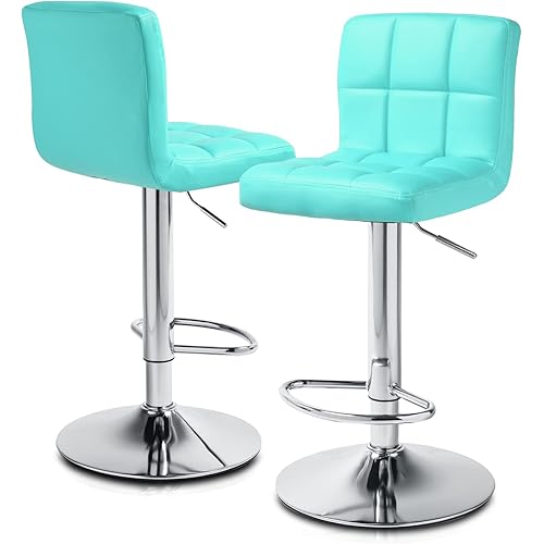 MoNiBloom Adjustable Bar Stools Set of 2 PU Leather Swivel Counter Height Modern Square Island Barstool with Back for Kitchen Counter Chairs, Tiffany Blue