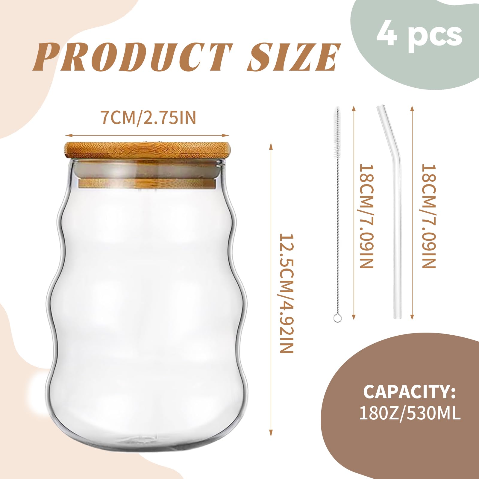 Juego de 4 bonitos vasos de vidrio acanalado con popote y cepillo para pajita, 4 vasos ondulados de 18 onzas, para café helado, latte, agua, macha, jugo, regalo