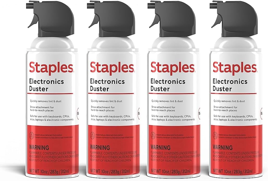 Staples Compressed Air Duster 4-Pack, 10 oz Canned Air for Keyboard, PC, Laptop & Electronics Cleaning, Moisture-Free Precision Dust Remover