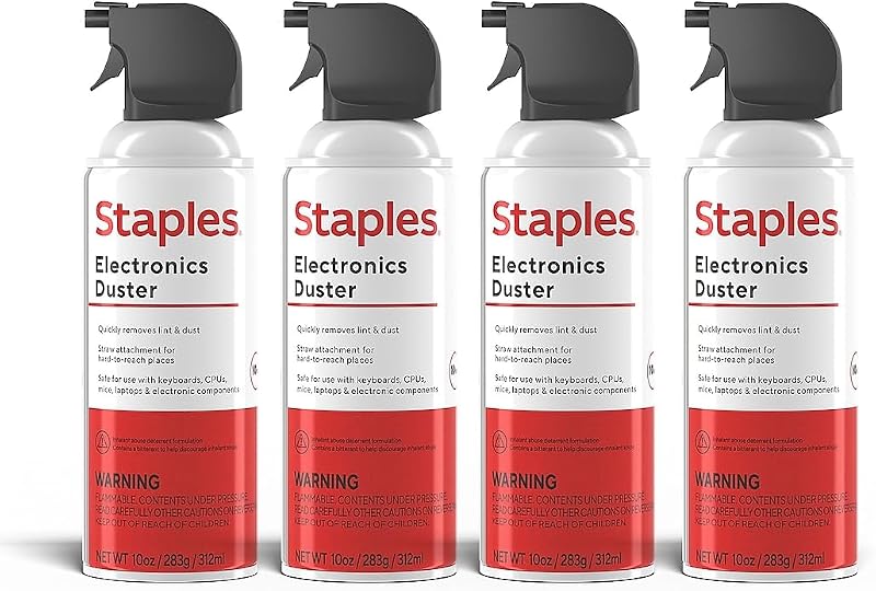 Plumeros de aire comprimido Staples, 10 oz. latas, electrónica y oficina, paquete de 4 | Elimina el polvo de teclados, portátiles, rejillas de ventilación y equipos de difícil acceso. 4 latas por paquete.