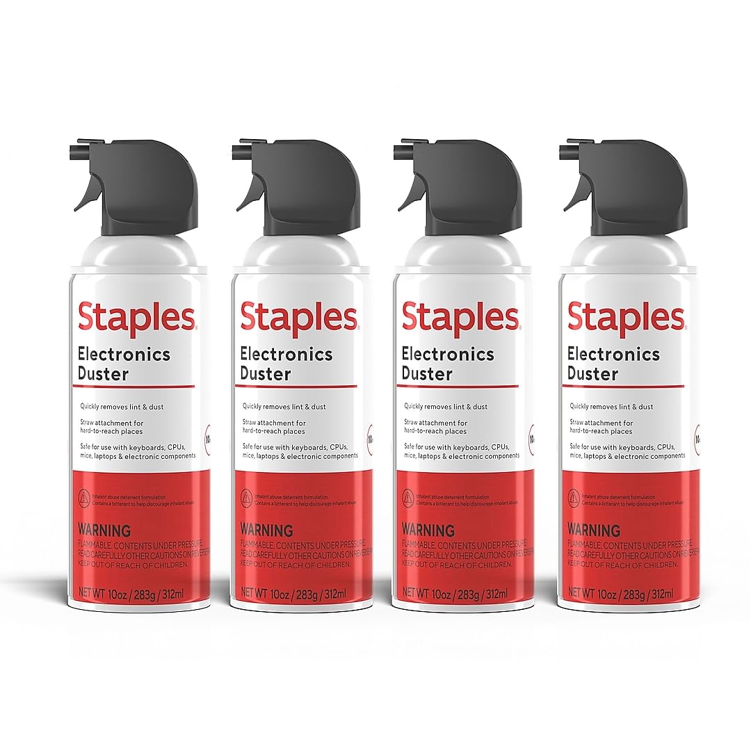 Staples Compressed Air Duster 10 oz Cans for Electronics Keyboards Office Devices 4 Pack